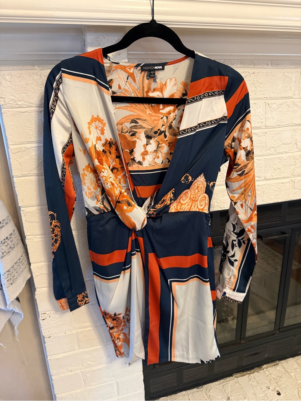 Fashion Nova Orange, Navy & Cream Floral Twist-Front Mini Dress